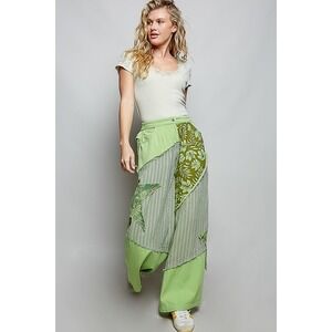 POL Patchwork Star Straight Leg Pants Green Floral Stripe Cotton Rayon small